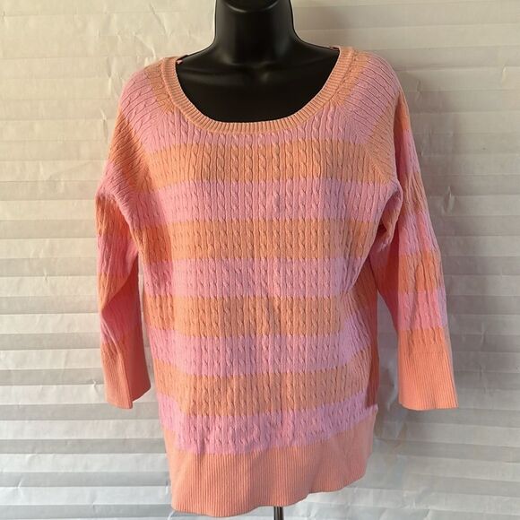 St. John's Bay Pink Orange Striped Pullover Sweater 3/4 Sleeve Scoop Neck XL - Picture 1 of 3